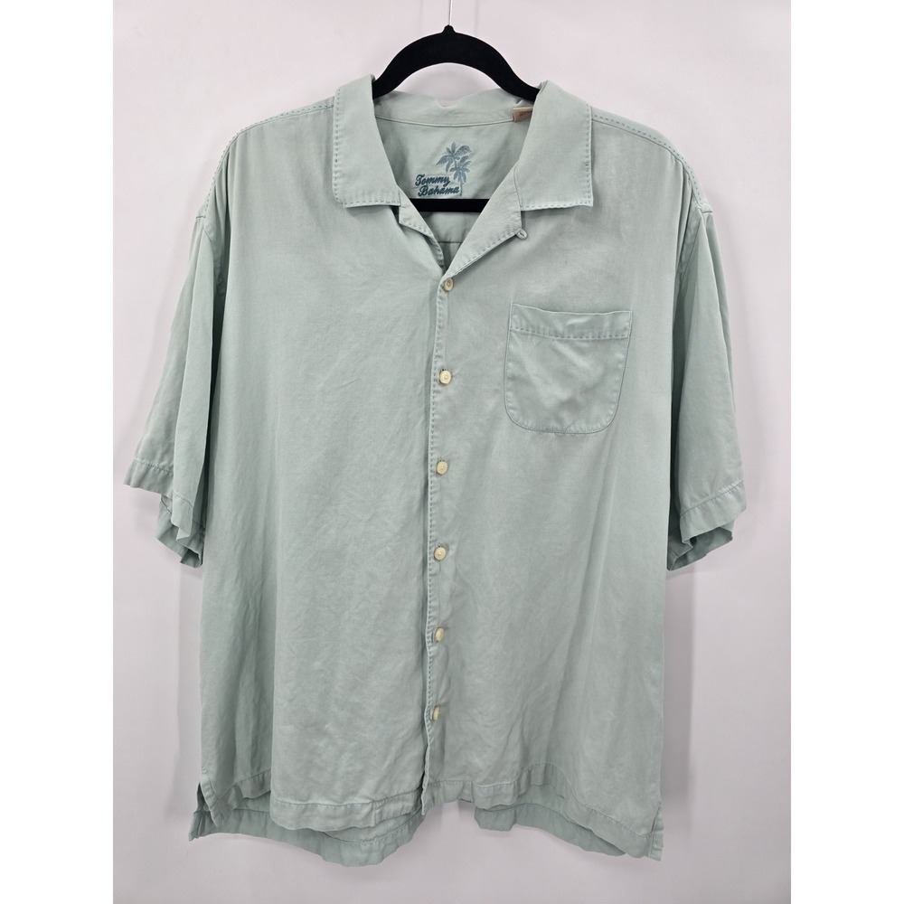 Tommy Bahama Shirt Men's XL Solid Mint Green 100% Silk Hawaiian Thick Stitch